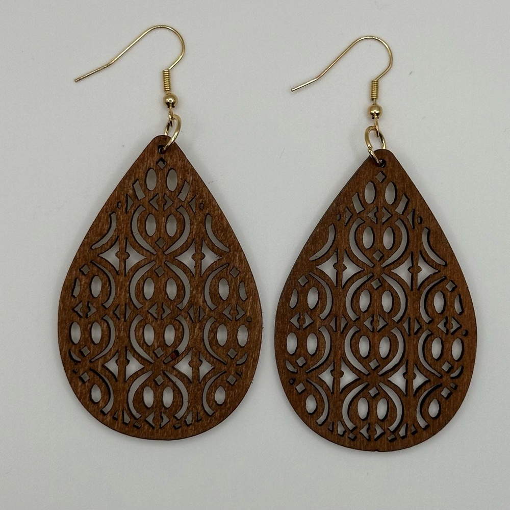 Boho, wooden, laser cut earrings. Brand new, never worn. Gold fishhooks.